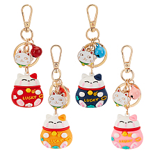 OLYCRAFT 4pcs Lucky Cat Keychain Pendants Japanese Cat Keychains with Cat Bell Decoration Maneki Neko Keyrings Fortune Lucky Key Chains for Hanbag Backpack Phone Decor Gifts