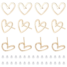 BENECREAT 16Pcs Brass Stud Earrings Findings, Heart, with 40Pcs Plastic Ear Nuts, Real 18K Gold Plated, 13x11mm, Pin: 0.7mm