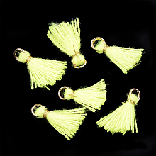 Honeyhandy Polycotton(Polyester Cotton) Tassel Pendant Decorations, Mini Tassel, with Iron Findings and Metallic Cord, Light Gold, Green Yellow, 10~15x2~3mm, Hole: 1.5mm