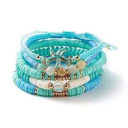 Honeyhandy Round Stone & Polymer Clay Heishi Beads Stretch Bracelets Sets, Starfish Stackable Bracelets for Women, Aquamarine, Inner Diameter: 2-1/4~3-5/8 inch(5.6~9.3cm), 5pcs/set