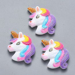 Honeyhandy Resin Cabochons, with Glitter Powder, Unicorn, Colorful, 25.5x24x5mm