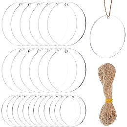 BENECREAT 28PCS Acrylic Keyring Blanks 2 & 3" Diameter Flat Round Acrylic Clear Keychain Blanks with bundle Hemp Cord for DIY Projects and Crafts