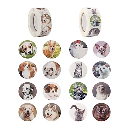 Honeyhandy 4 Rolls 2 Style Cat & Pet Dog Pattern Self-Adhesive Kraft Paper Stickers, Flat Round Adhesive Labels Roll Stickers, Gift Tag, Mixed Color, 25mm, about 500pcs/roll, 2 rolls/style