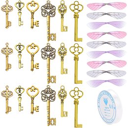 SUNNYCLUE 61Pcs Skeleton Keys 3 Colors Wing Pendants Vintage Key Dragonfly Butterfly Wings Charms Wing with 11 Yards Elastic Crystal String for DIY Necklace Jewelry Making Crafts Party Ornaments