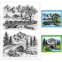 GLOBLELAND Scenery Theme Clear Stamp Mountain River Landscape Silicone Clear Stamp Tree Bridge Rubber Transparent Seal Stamp for Card Making DIY Scrapbooking Paper Craft Photo Album Decoration