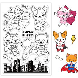 GLOBLELAND 1Sheet Dog Superheroes Clear Stamp Hero Critters Transparent Silicone Stamp Corgi and Shiba Inu Stamp for Scrapbook Journal Card Making 4.3 x 6.3 inch