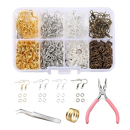 DIY Earrings Finding Kits, Including Iron Jump Rings & Earring Hooks, Brass Rings, 410 Stainless Steel Pointed Tweezers and 45# Carbon Steel Needle Nose Pliers, Mixed Color, 903pcs/set