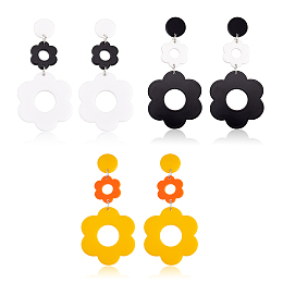 ANATTASOUL 3 Pairs 3 Colors Acrylic Flower Dangle Stud Earrings, Iron Long Drop Earrings for Women, Mixed Color, 71mm, Pin: 0.8mm, 1 Pair/color