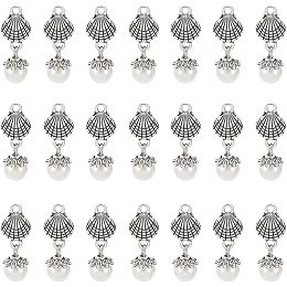 Arricraft 32 Pcs Faux Pearl Pendants, Antique Silver Shell Pearl Charms with Tibetan Style Alloy Finding Acrylic Imitated Pearl Dangle Pendants for Jewelry Making