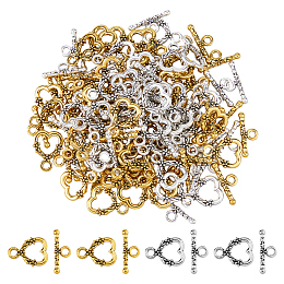 DICOSMETIC 60Pcs 2 Colors Alloy Heart Toggle Clasps, Cadmium Free & Lead Free, Antique Silver & Antique Golden, Heart: 18.5x14mm, Bar: 21mm, Hole: 3mm, 30pcs/color