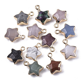 Honeyhandy Natural & Synthetic Mixed Gemstone Pendants, with Light Gold Plated Edge and Brass Loop, Mixed Dyed and Undyed, Star, Faceted, 16~17x13x6.5mm, Hole: 1.6mm