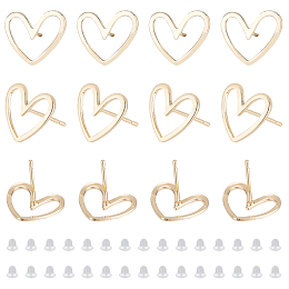 BENECREAT 16Pcs Brass Stud Earrings Findings, Heart, with 40Pcs Plastic Ear Nuts, Real 18K Gold Plated, 13x11mm, Pin: 0.7mm