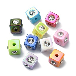 Opaque Acrylic Beads, with Rhinestone, AB Color, Cube, Mixed Color, 14x17x17mm, Hole: 3.7mm