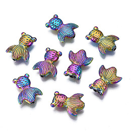 Rack Plating Rainbow Color Alloy Beads, Cadmium Free & Nickel Free & Lead Free, Goldfish, Multi-color, 14x11x3.5mm, Hole: 1.4mm