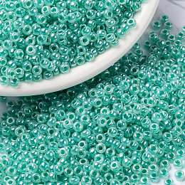 Honeyhandy MIYUKI Round Rocailles Beads, Japanese Seed Beads, (RR536) Aqua Green Ceylon, 8/0, 3mm, Hole: 1mm, about 422~455pcs/bottle, 10g/bottle