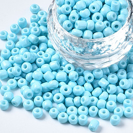 Honeyhandy 6/0 Glass Seed Beads, Baking Paint, Round Hole, Round, Sky Blue, 4~5x3~5mm, Hole: 1.2~1.5mm, about 4500pcs/Pound