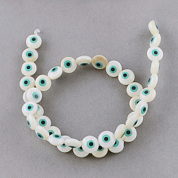 Natural Sea Shell Beads Strands, Flat Round with Evil Eye, Creamy White, 9x5mm, Hole: 1.5mm; about 40pcs/strand, 13.5 inches