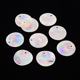 Honeyhandy Electroplate Natural Capiz Shell Pendants, AB Color Plated, Flat Round, Seashell Color, 25x1mm, Hole: 1.5mm