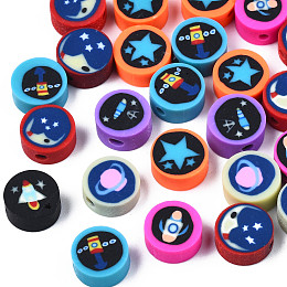 Honeyhandy Handmade Polymer Clay Beads, Flat Round with Space Theme Pattern, Mixed Color, 9~10x4~4.5mm, Hole: 1.6mm