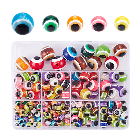 Round Evil Eye Resin Beads, Mixed Color, 6~16x5~15mm, Hole: 1.8~2.5mm; 220pcs/box