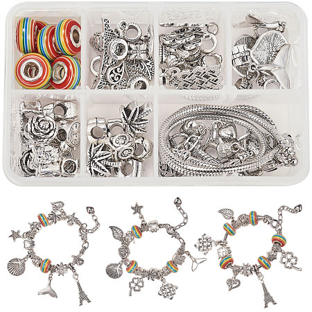 SUNNYCLUE DIY Bracelet Making, with Resin European Beads, Brass & Alloy Tibetan/European Style Beads, Plastic Box, Antique Silver, 11x7x3cm