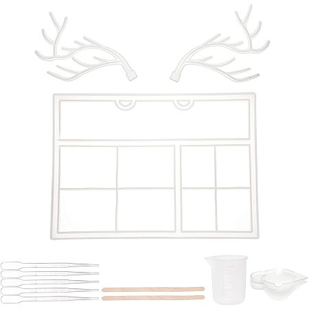 Antler Tree Jewelry Display Silicone Molds, 2ml Disposable Plastic Dropper, 100ml Measuring Cup Silicone Glue Tools, Birch Wooden Craft Ice Cream Sticks and Silicone Stirring Bowl, Clear, 150x2.5~12mm