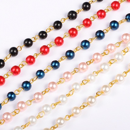 Arricraft Handmade Round Glass Pearl Beads Chains for Necklaces Bracelets Making, with Golden Iron Eye Pin, Unwelded, Mixed Color, 39.3 inch, Bead: 6mm