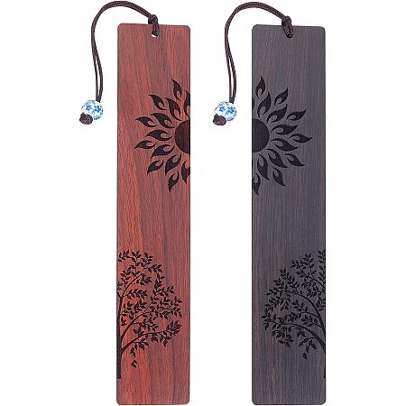 PandaHall Elite Sun Wood Bookmark, 2 Colors Tree Leaf Engraved Book Mark for Men Women Book Lovers Traditional Personalized Page Markers for Book Fans Birthday Present, Teachers Appreciation