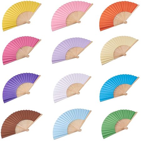 PH PandaHall 12pcs Hand Folding Fans Wood Paper Fans, 12 Colors Blank Paper Fans Vintage Handhold Fan for Wedding Dancing Party Performance and Home DIY Decoration