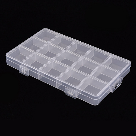 Honeyhandy Polypropylene(PP) Bead Storage Containers, 15 Compartments Organizer Boxes, Rectangle with Cover, Clear, 15.8x9.6x1.7cm, Hole: 13x6mm, compartment: 3x3cm