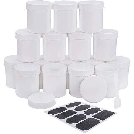 BENECREAT 16 Packs 4oz Plastic Cosmetic Containers White Slime Cream Jars with Inner Gasket, Spatula Scoops and Self-Adhesive Labels for Facial Mask Cream Storage