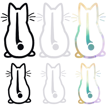 SUPERFINDINGS 6 Sheets 6 Style Waterproof PET Reflective Cat Car Stickers, Adhesive Car Window Decal, for Car Rear Windshield & Wiper Decor, Mixed Color, 31x20x0.02cm and 19x12x0.02cm, 1sheet/style
