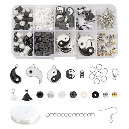 Honeyhandy DIY YinYang Theme Jewelry Making Kits, 375Pcs Geometry Gemstone & Polymer Clay Beads, Alloy & Polycotton(Polyester Cotton) Pendants, Iron & Zinc Alloy Findings and Elastic Crystal Thread, Mixed Color, Beads: 375pcs/box