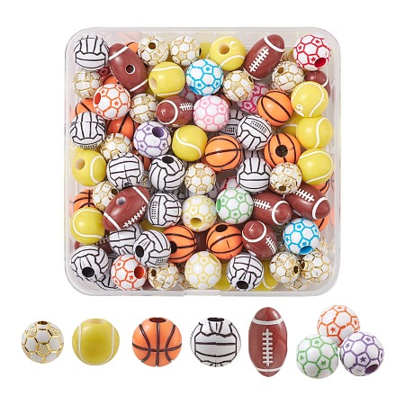 Honeyhandy 114Pcs 6 Style Acrylic Beads, Opaque & Craft & Plating Acrylic Beads Set, Rugby & Basketball & Volleyball & Football & Tennis, Mixed Color, 10~18x10~12x10~12mm, Hole: 2~4mm
