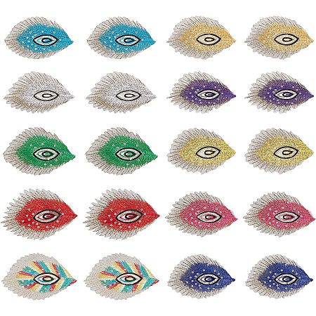 AHANDMAKER 20 Pcs Sequin Peacock Feathers Small Applique, 10 Colors Self Adhesive Evil Eyes Feathers with Yarn Stick On Patches Embroidery Applique for Clothes Jackets Jeans Bags Accessories