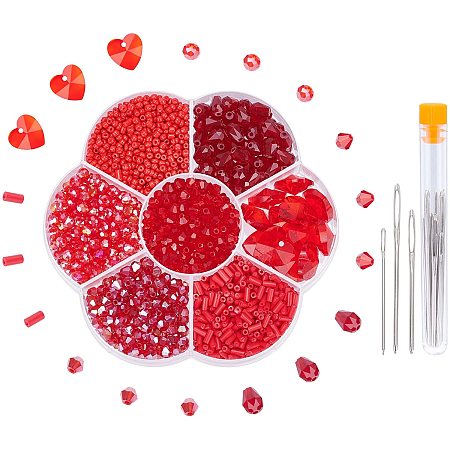 PandaHall Elite 2689pcs Red Seed Beads, 4mm Glass Loose Beads Glass Spacer Beads with Charms and Needles for Valentine's Christmas Earring Necklace Bracelets Making