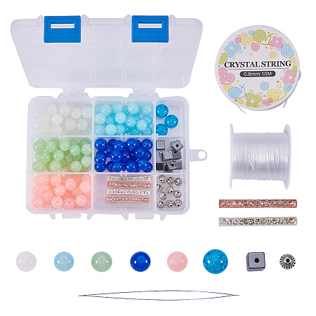 SUNNYCLUE 1 Box 156pcs Natural Semiprecious Gemstone Round Beads Stretch Bracelet Set DIY Jewelry Making Craft Kit with Rhinestone Bar Spacers, Lantern Beads and Synthetic Hematite Beads, Mixed Color