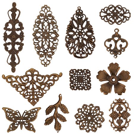 SUNNYCLUE 120Pcs 12 Styles Filigree Finding Kits, Including Iron Pendants & Links & Chandelier Component Links, Antique Bronze, 23~91x20~76.5x0.5~3mm, Hole: 1~6x1~3.5mm, 10pcs/style