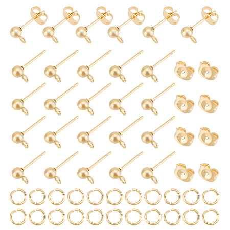 Unicraftale 100Pcs 304 Stainless Steel Ball Stud Earring Findings, with Horizontal Loops & 100Pcs Ear Nuts & 100Pcs Open Jump Rings, Golden, 15x7x4mm, Hole: 1.7mm, Pin: 0.8mm
