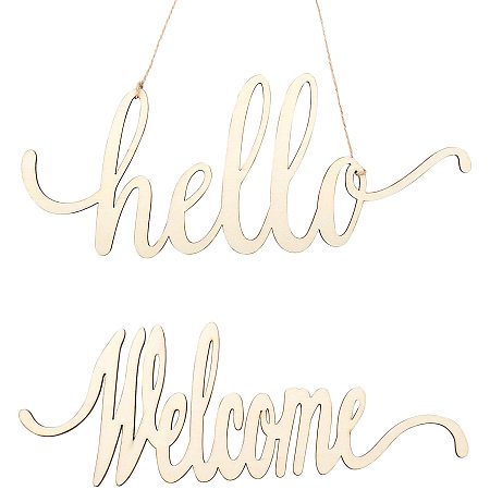OLYCRAFT 8PCS Hello Welcome Wood Sign Natural Cutout Wooden Letter Sign with Rope for Wedding Anniversary Engagement Home Decoration