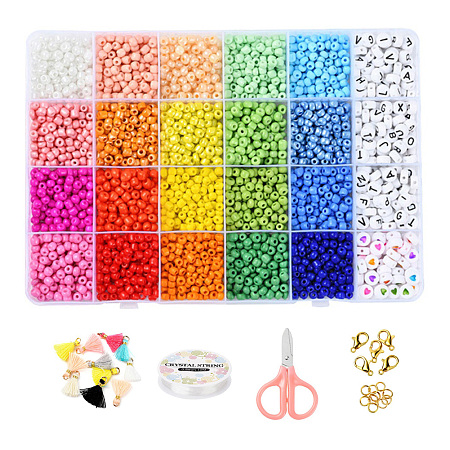 Arricraft DIY Jewelry Making Kits, Including 6/0 Round Glass Seed Beads, Flat Round Acrylic Beads, Polycotton Tassel Pendants, Elastic Crystal Thread, Scissors, Alloy Clasps and Iron Open Jump Rings, Mixed Color, Beads: 2240~2880pcs/set