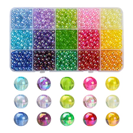 15 Colors Transparent Acrylic Beads, AB Color Plated, Round, Mixed Color, 6x5mm, Hole: 1.5~1.8mm, 1200~1275pc/box