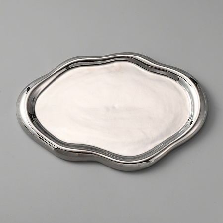 FINGERINSPIRE Plating Porcelain Jewelry Display Plate, Cosmetics Organizer Storage Tray, Cloud, Silver, 125x190x13.5mm, Inner Diameter: 103x154mm