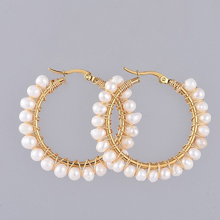 NBEADS 304 Stainless Steel Hoop Earrings, with Natural Cultured Freshwater Pearl, Copper Wire and Cardboard Packing Box, Golden, 44x6mm; Pin: 0.6x1mm