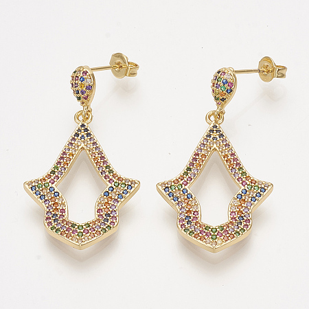 Arricraft Brass Cubic Zirconia Stud Earrings, Dangle Earrings, with Ear Nuts, Arrow, Colorful, Golden, 38mm, Pin: 1mm