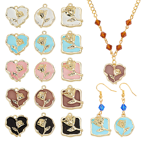 CHGCRAFT 30Pcs 15 Style Rack Plating Alloy Enamel Pendants, Heart & Rectangle & Flat Round with Rose, Mixed Color, 20~21.5x18.5~21x4~6mm, Hole: 1.6~1.8mm, 2pcs/style