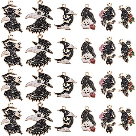 SUPERFINDINGS 24Pcs 6 Styles Halloween Charms Gothic Theme Alloy Enamel Pendants Kalolary Coffin Crow with Rose Flower Dangle Charms for Halloween Party DIY Jewelry Necklace Bracelet Supplies