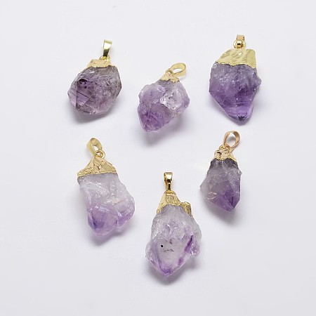 Honeyhandy Natural Amethyst Nuggets Golden Plated Pendants, with Brass Finding, Amethyst, 35~40x18~22mm, Hole: 8x5mm