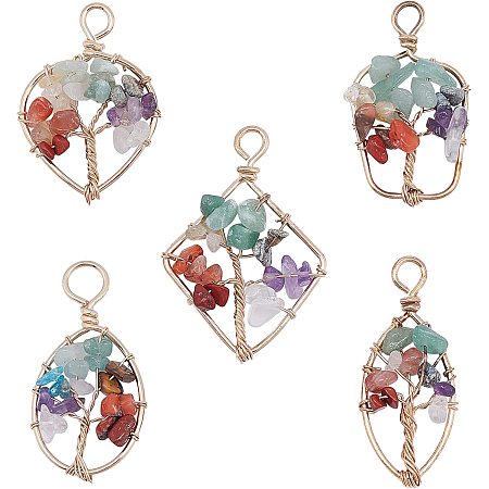 PandaHall Elite Tree of Life Charms Brass Wire Wrapped Stone Crystal Pendant 5 Styles Good Luck Tree Life Charms Heart Oval Rhombus Charms for DIY Necklace Earring Bracelet Jewelry Making