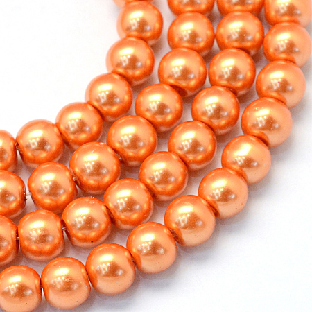 Baking Painted Pearlized Glass Pearl Round Bead Strands, Dark Orange, 6~7mm, Hole: 1mm; about 145pcs/strand, 31.4 inches